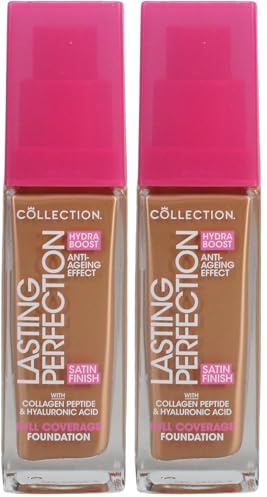 Collection Cosmetics Lasting Perfection Satin Foundation, Full Coverage, with Hyaluronic Acid, 14W Caramel Warm 27ml (Pack of 2)
