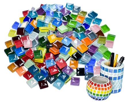 500 g Hochwertige Glasmosaiksteine 1 x 1 cm, Bunte Mosaiksteine zum Basteln, DIY Bastelset für Blumentopf Bilderrahmen Untersetzer, Kreatives Bastelmaterial