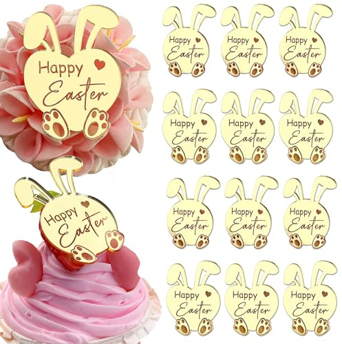 12 Pieces Mini Size Happy Easter Bunny Cupcake Toppers, Gold Mirror Acrylic, Dessert Decorations Party Supplier