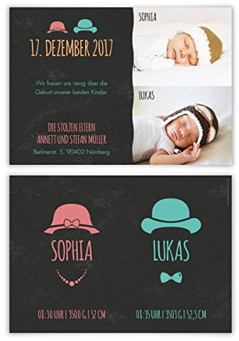 Geburtskarten (40 Stück) - Hüte Zwillinge - Geburt Babykarten Zwillingskarten - Mädchen und Junge