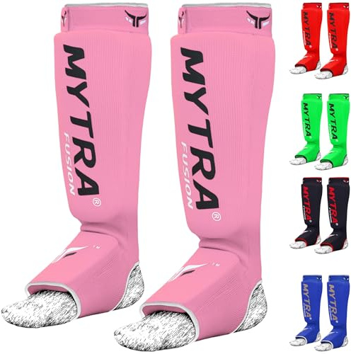 Mytra Fusion Shin Pads Instep Protector Kick Boxing Muay Thai Training Elasticated shin Guards (Pink, S/M)