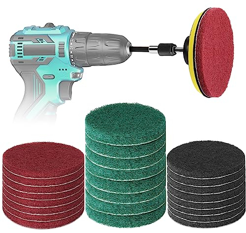 GOH DODD Power Scrub Pads Drill Attachment, 15 Pieces 5 Inch Cleaning Kit Scouring Pads with Baker and Universal Shaft Great for Kitchen, Bathroom, Auto, Grout, Carpet, Shower, Tub, Grill,Tile