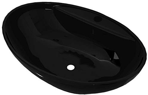 yorten Keramik Waschbecken Oval Handwaschbecken Waschschale mit Überlaufloch Schwarz 585 x 390 x 210 mm (B x T x H)