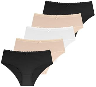 DORINA Lot de 5 Culottes Hipster Femme Naomi – Coton Doux avec Finition Dentelle à la Taille, Couverture Totale, sous-vêtements Confortables, Ivoire, Beige et Noir