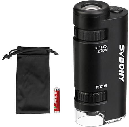 Svbony SV603 Taschenmikroskop mit LED Licht, 60x-120x Asphärisches Handmikroskop mit Akku, Pocket Mikroskop für Kinder Studenten Bildungsgeschenke Insekten Naturbeobachtung im Freien