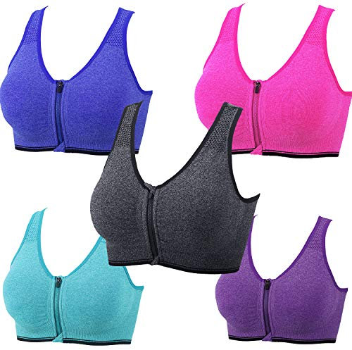 Damen-Sport-BH mit Reißverschluss vorne, mittelhoher Aufprall, Push-Up, drahtlos, Yoga-BHs, Racerback, Workout, Fitnessstudio, Top, 3 # blau + rosa rot + grün + lila + grau, Large