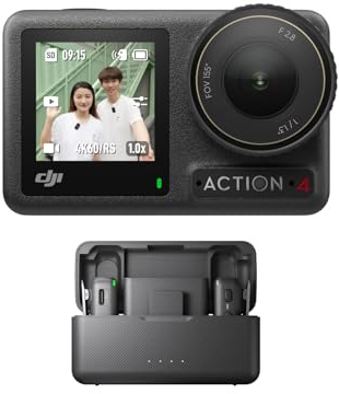 DJI Osmo Action 4+Mikrofon(2 Sender+1 Empfänger+Ladeschale)–Vlogging-Kamera mit einem 1/1,3-Zoll-Sensor, 360° HorizonSteady, Mikrofon mit klarem Schallprofil, Windschutz, geeignet für Reisen und Sport