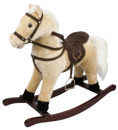 Cavallo a Dondolo Beige, Peluche Cavalcabile, Nitrisce e Muove la Bocca