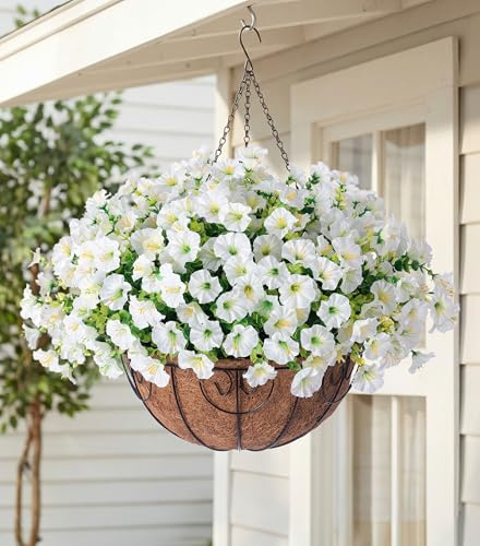 Artificial Fake Hanging Flowers Plants Baskets Spring Outdoor Decor, Outdoor Faux Silk White Morning Glory Eucalyptus in Planter UV Resistant Realistic for Outside Porch Patio Balcony Garden Yard Home