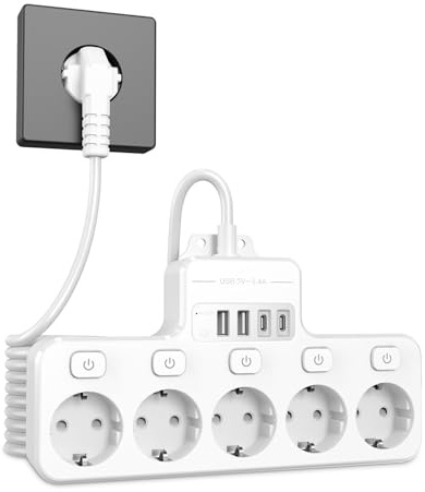 VIPWELL Steckdosenleiste Schaltbar mit USB - 5 Fach Steckdose 2 USB C und 2 USB A Anschlüsse - Verlängerungskabel 2m Mehrfachsteckdose - für Homeoffice, Café-Stand, Nachttisch, Büro und Gaming
