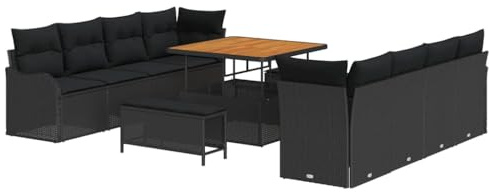 vidaXL 11-delars trädgårdsoff set med kuddar - Svart Poly Rattan Akacia - Utomhusloungemöbler - 3-sits modulär soffa för patio