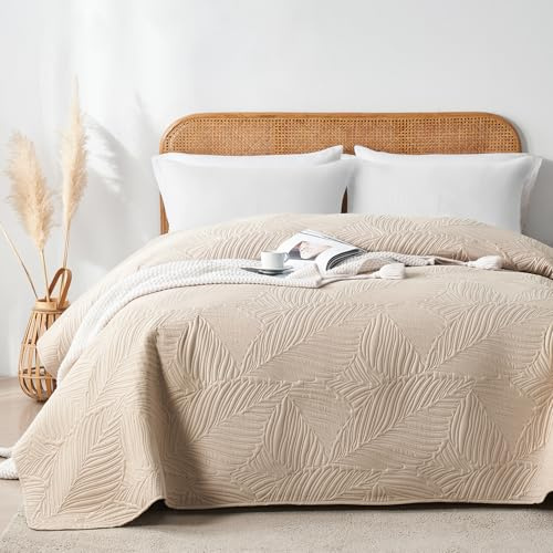 VIVA FINO Tagesdecke 200x220 cm,Beige Ultrasonic Steppdecke,Leicht,Weich und Pflegeleicht,Doppelseitig,Bettüberwurf mit Blattmuster,Ideal für alle Jahreszeiten,Für Bett und Sofa