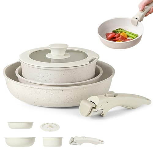 5 Pièces Set de Casseroles et Poêles en Céramique Antiadhésif avec Poignées Détachables compatible avec plaques à induction et tous les types de feux