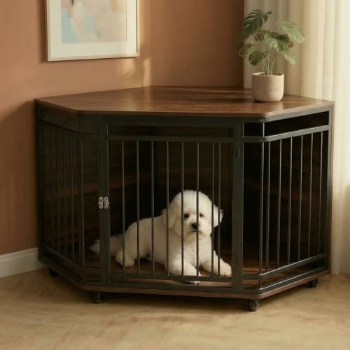 VOWNER Ecke Hundekäfig, Holz Hundebox mit abschließbarer Tür, Möbelstil Haustierbox für Zuhause, Leicht zu reinigen und platzsparende für kleine/mittlere Hunde, 110 X 66 X 60 cm, Dunkles Walnussholz