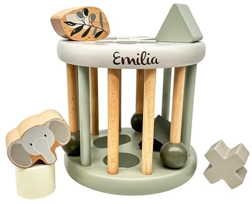 Mainely Personalisierbares Holz-Sortierspiel Rad Olive – Steckformen & Motoriktraining – für Babys ab 12 Monaten – mit Namen personalisiert - Label Label