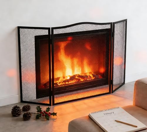 Calidola 3 Panel Fireplace Spark Guard, Flat Iron Screen with Arch Top, 96.5cm L x 61cm H, Sturdy Mesh Panel for Open Fireplace, Black Powder Coated