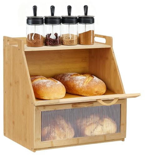 Bellanny Brotkasten Bambus Eco Brotbox Brotkorb 2 Etagen Aufbewahrungsbox Küche Brotaufbewahrung Brotbehälter Visualisiert, Groß Bread Box Brotaufbewahrungsbehälter für Brot Röstbrot, 37.8×28.8×38.8cm