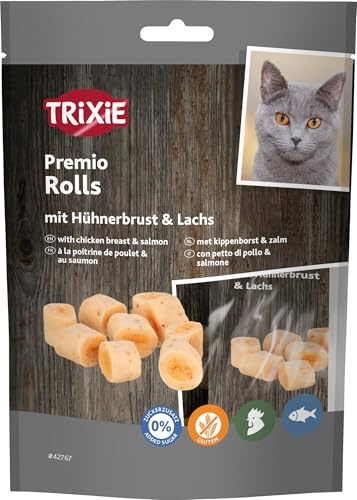 TRIXIE Katzenleckerli Premio Rolls mit Hühnerbrust & Lachs – 50 g | Leckere Belohnung für jeden Tag – ideal zum Verwöhnen oder als kleine Zwischenmahlzeit, mit Hühnerbrust und Lachs