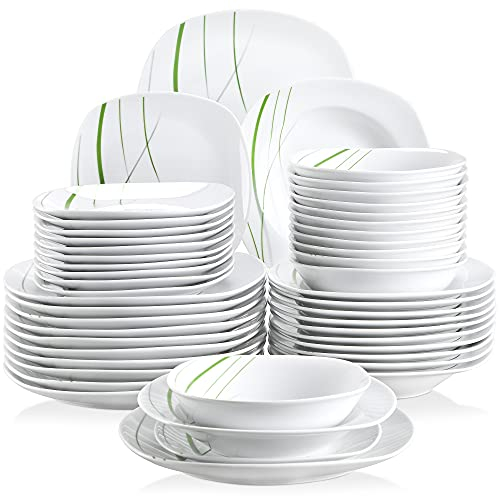 VEWEET Servizio di Piatti in Porcellana 48 Pcs per 12 Persone con Ciotole per Cereali, Piatti Piani, Piatti Fondi e Piatti da Dessert, Bianco con Linee Verde, Adatto alla Lavastoviglie, Serie AVIVA