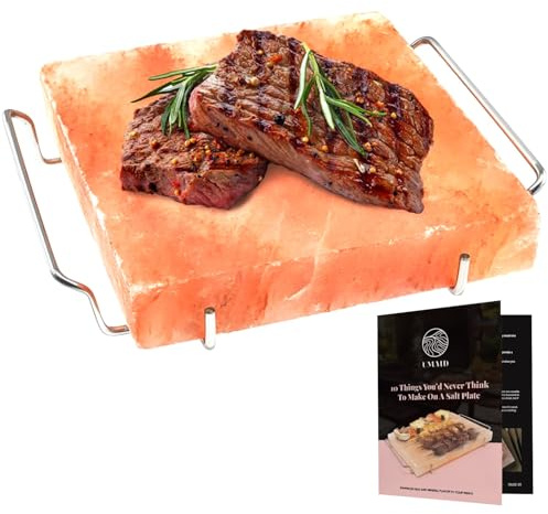 UMAID Himalayan Salt Block For Grilling, Cooking, Cutting and Serving,8X8X1.5 Food Grade Himalayan Pink Salt Stone on Stainless Steel Plate & Recipe Pamphlet, Unique Gifts for Men, Women, Chef, Cooks