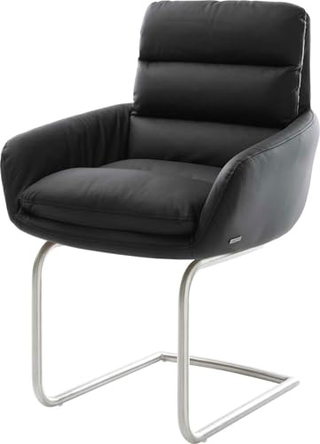 DELIFE Schwingstuhl Abelia-Flex mit Armlehnen Freischwinger rund Edelstahl Echt-Leder Schwarz