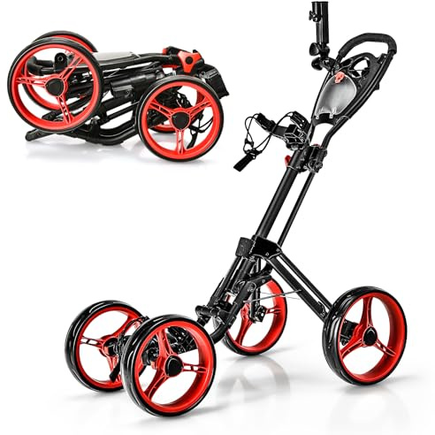 ULTIMATE 4 Wheel Golf Push Cart, Folding Golf Walking Cart w/Elastic Straps, Umbrella&Cup Holder, Scoreboard Storage, Lightweight Golf Trolley Cart w/Height Adjustable Handle&Foot Brake (Red)