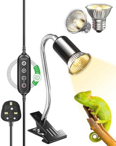 Glowup Reptilvärmelampa, Timer Turtle Light UVB/UVA Sollampa med Klämma, för Reptiler, Sköldpaddor, Ödlor, Ormar - E27 50W, 2 Glödlampor Inkluderar