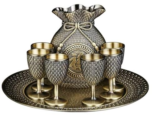 SUPBEI Juego de Té Turco, Juego de Tazas de Té Turco de Metal de Estilo Vintage, 6 Piezas de Aleación de Zinc en Relieve, Tazas de Café con Patrón Exquisito con Bandeja para Fiestas y Adultos