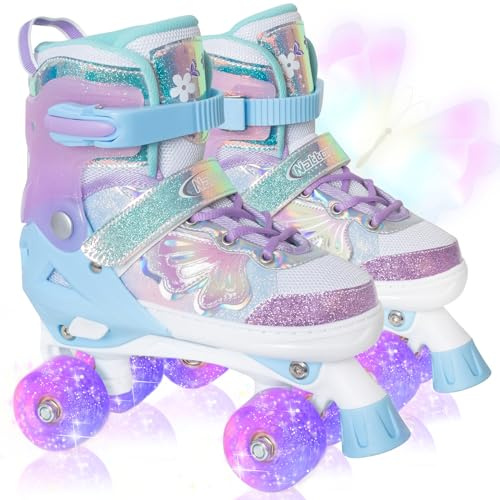 Nattork Kids Roller Skates for Girls Boys Kids, 4 Sizes Adjustable Quad Skates Butterfly and Flower with All Light up Wheels - Birthday Gift for Indoor Outdoor Sports