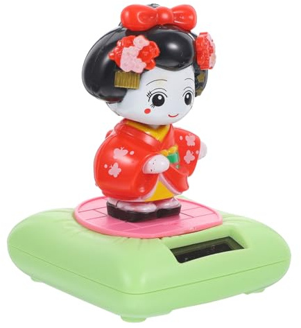 VICASKY Solarbetriebene Kimono Puppenfigur mit Wackelndem Kopf, Rot | Kunststoff mit Solarpanel, Kreative Armaturenbrett Deko fürs Auto, Stehendes Ornament