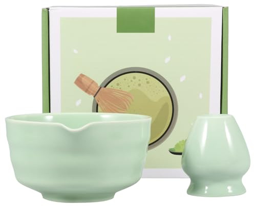 2 Teilige Japanische Matcha Schüssel aus Keramik mit Schneebesenhalter 500ML Chawan Einfach Liefert Schneebesen Teeschale, Chawan Matcha Teeschale für Anfänger DIY Liebhaber Starter(Grün)