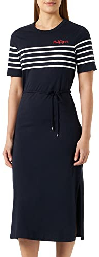 Tommy Hilfiger Vestido Tipo Camiseta de Algodón para Mujer, Multicolor (Breton Stripes Desert Sky/W White), M
