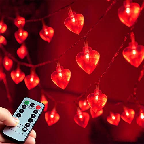 Abkshine 8M 50 LED Heart String Lights for Valentines Decorations,Battery Powered Hanging Love Hearts Red Fairy Lights for Valentines Day Bedroom Wedding Anniversary Party Night Romantic Decorations