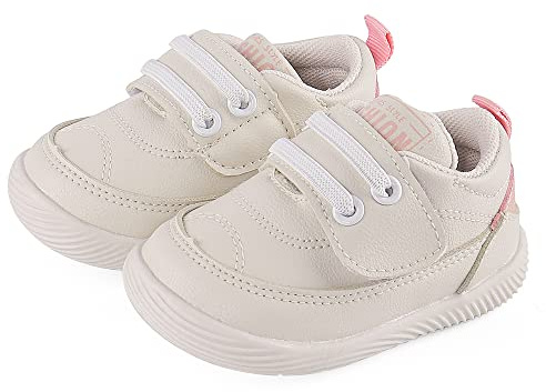 LACOFIA Scarpe Primi Passi Neonata Sneakers da Bambina Scarpine con Suola in Gomma Antiscivolo Bianco/Rosa 18(CN 16)