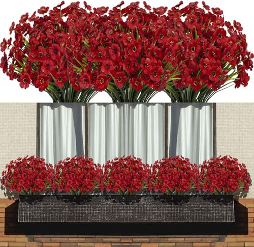 LANKAMO 15 Bundles Artificial Flowers Fake Silk Flowers Outdoor UV Resistant Faux Flowers Plastic Fabric Greenery Plants for Hanging Planter Kitchen Home Office Wedding Garden Decoration (Deep Red)