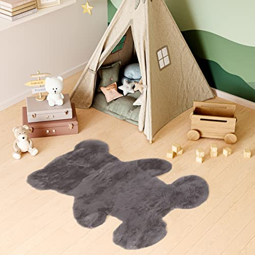 TAPISO Kunstfell Teppich Bär Lammfell Schafffell Fellteppich Fellimitat Dunkelgrau Flauschig Wohnzimmer Schlafzimmer Bettvorleger Deko für Stühle Modern 60 x 90 cm