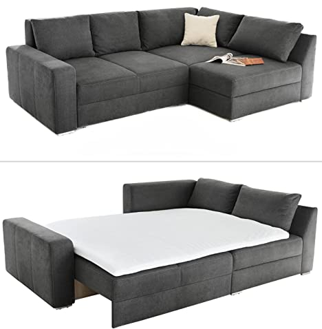 Ecksofa-Dauerschläfer B260/T181/H88 cm Federkern Boxspring-System, inkl. Schlaffunktion Bettkasten, Kaltschaum-Topper, Ottomane links oder rechts montierbar, Bezug Mikrofaser in Grau Anthrazit / 15107