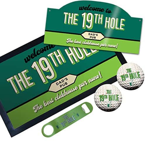 Personalised Golf Gift Idea For Dad - 19th Hole Bar Set Custom Made Bar Sign, Bar Mat, Coasters & More - Golfer Home Pub Gift Idea for Dad, Step Father