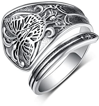 CVRAVO Vintage Butterfly Spoon Ring 925 Sterling Silver Adjustable Oxidized Spoon Rings Wrap Around Open Ring Thumb Statement Jewelry for Women Mom, Sterling Silver, No Gemstone
