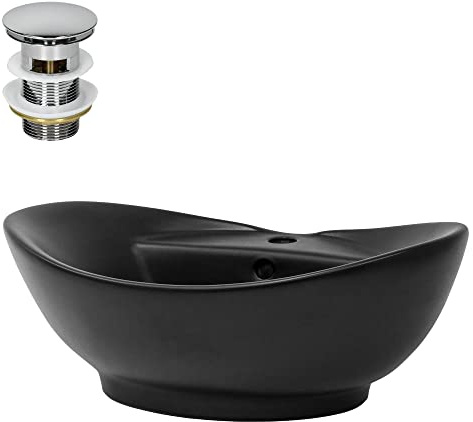 ML-Design Lavabo en Céramique Noir Mat 59x39,5x20,5 cm avec Bouchon de Vidange 1 1/4 Universelle, Trop-Plein et Trou pour Robinet Inclus, Vasque à Poser Moderne, Évier Lave-Mains Salle de Bain