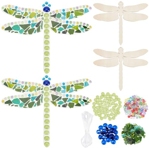 WEBEEDY 2 Sets Libelle Glas Mosaik Kit Kreativität DIY Mosaik Glas Kit Kunst und Handwerk Kit für Erwachsene, enthalten Mosaikfliesen, Holzspäne, Band, Wandbehang Dekor, Geschenk für Muttertag