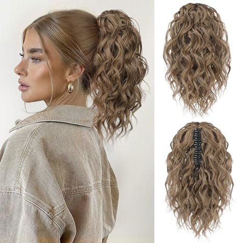 FLUFYMOOZ Extension de Queue de Cheval Courte de 12 (30,5 cm) à Griffes Ondulée Bouclée avec Pince à Mâchoire en Queues de Cheval Extension de Cheveux Postiche Synthétique Naturel pour Femmes (Blond