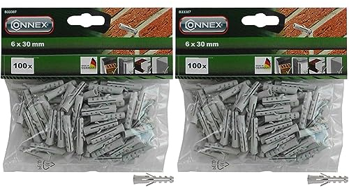 Connex Dübel Ø 6 mm - 100 Stück im praktischen Set - Polypropylen - Für einfache Befestigungsarbeiten in Vollstein & Beton/Dübel-Set/Universaldübel / B33387, Ø 6 x 30 mm (Packung mit 2)