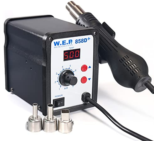 858D Heißluft Lötstation, 700W SMD Rework Station, Digital LED Heißluftgerät 100-500°C, 3 Düsen, für SOIC, CHIP, QFP, PLCC, BGA