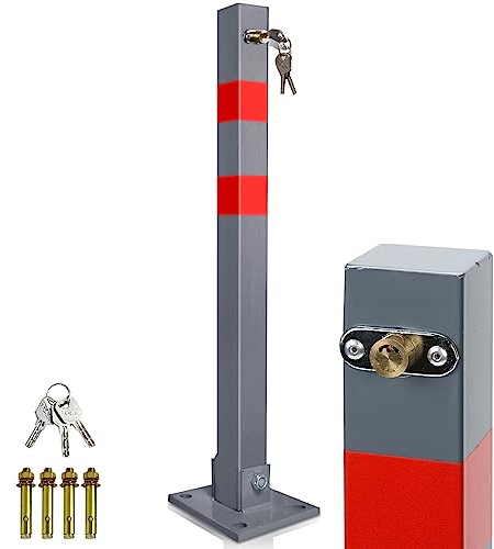 Ikodm 1X Parkpfosten Klappbar, Parkplatzsperren mit Reflexstreifen, Robust Standfuß Absperrpfosten, Stahl Parkplatzsperre mit 3 Schlüsse, Stabil Park Poller
