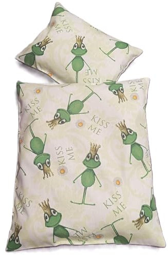Puppenbettwäsche 2 tlg. Froschkönig, Decke 32h x 27b, Kopfkissen 17h x 22b in cm aus Baumwolle, für Puppenwagen, kleine Puppen