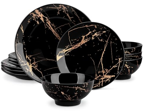 LOVECASA 12 Piece Porcelain Dinner Set for 4 People Black and Gold Dishwasher and Microwave Safe