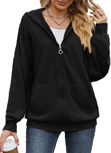 PANOZON Damen Hoodie Sweatjacke Kapuzenpullover Langarm Sweatshirt Kapuzenjacke Cropped Jacke mit Reißverschluss Schwarz 2XL