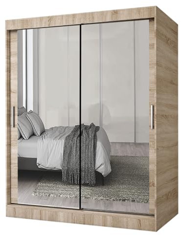 Milan Sliding Wardrobe with LED Lighting, Mirrored Doors, Adjustable Shelving, Contemporary Design (Oak, 100)