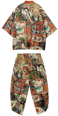 DOSLAVIDA Ensemble cardigan kimono japonais pour homme style chinois imprimé veste pantalon ensemble ouvert sur le devant sept manches haut et short, Brown-ly, Large